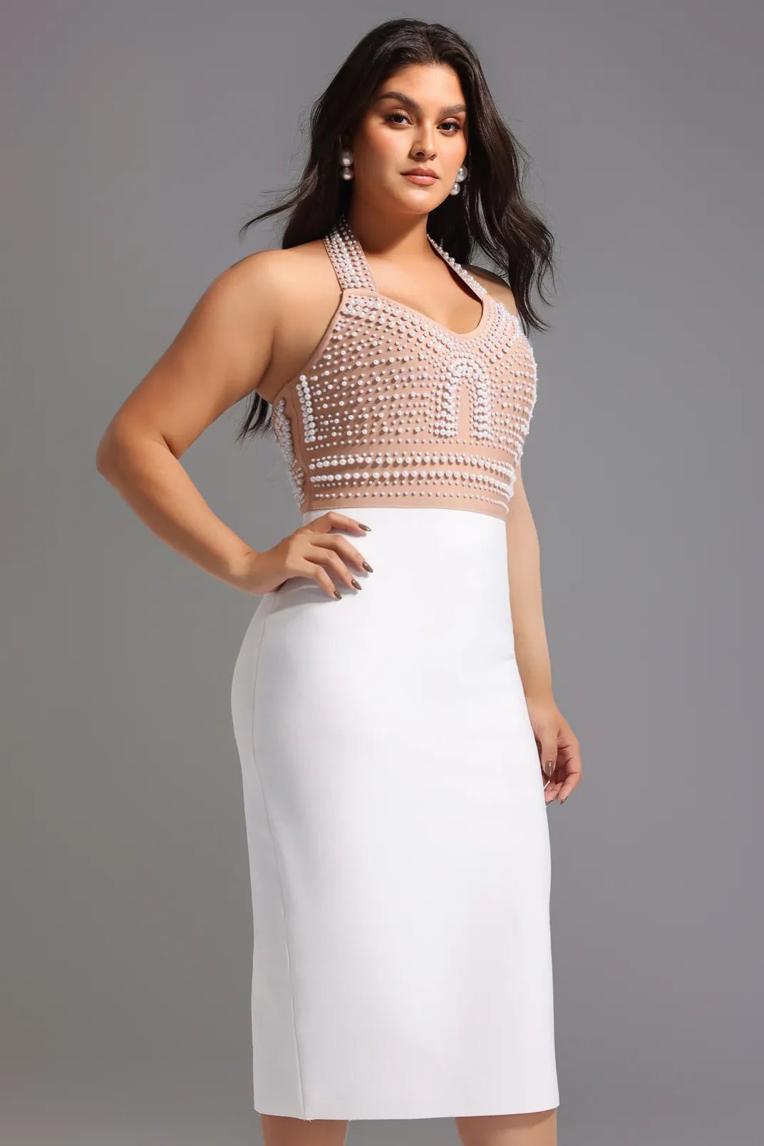 Cornelia Pearl Halter Bandage Dress - Beige - Styled Collective