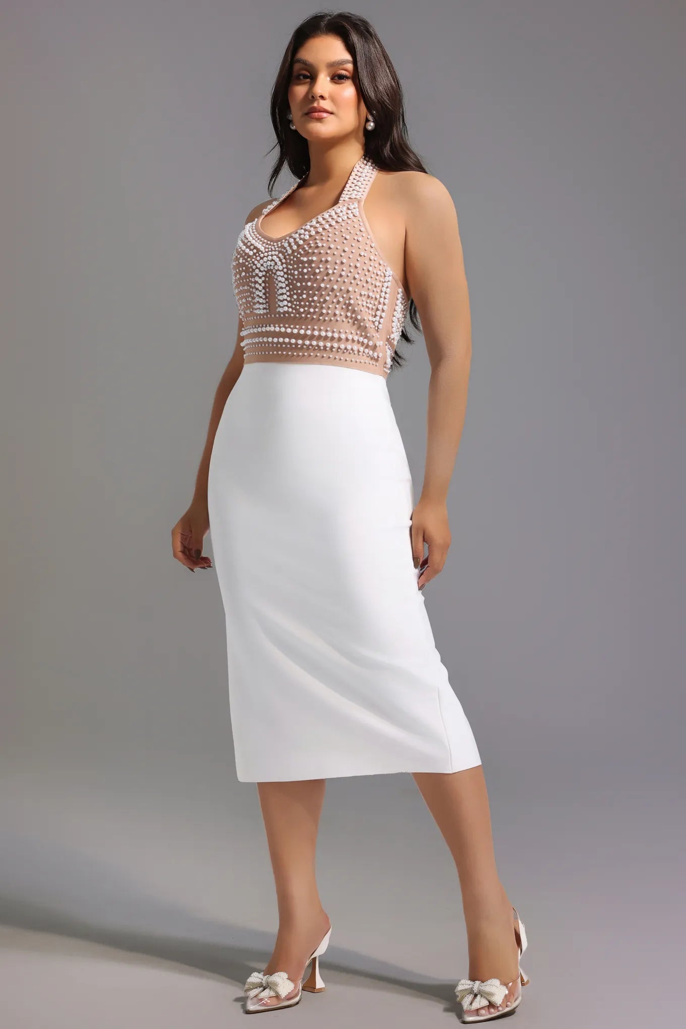 Cornelia Pearl Halter Bandage Dress - Beige - Styled Collective