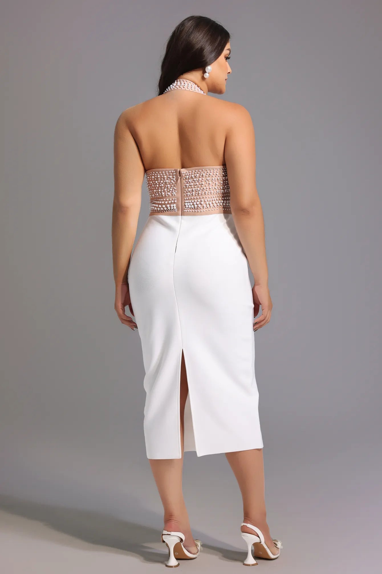 Cornelia Pearl Halter Bandage Dress - Beige - Styled Collective