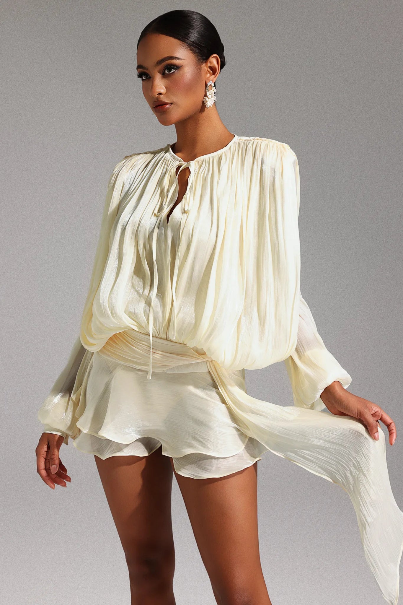 Dekia Long Sleeve Hollow Out Flounce Mini Dress - Styled Collective
