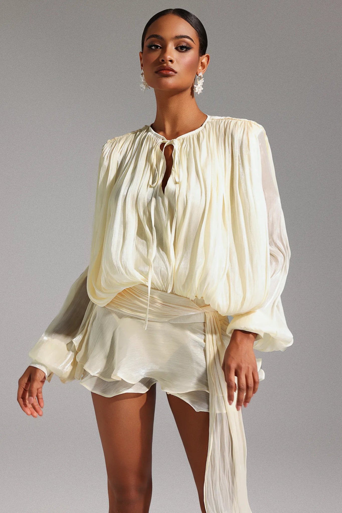 Dekia Long Sleeve Hollow Out Flounce Mini Dress - Styled Collective