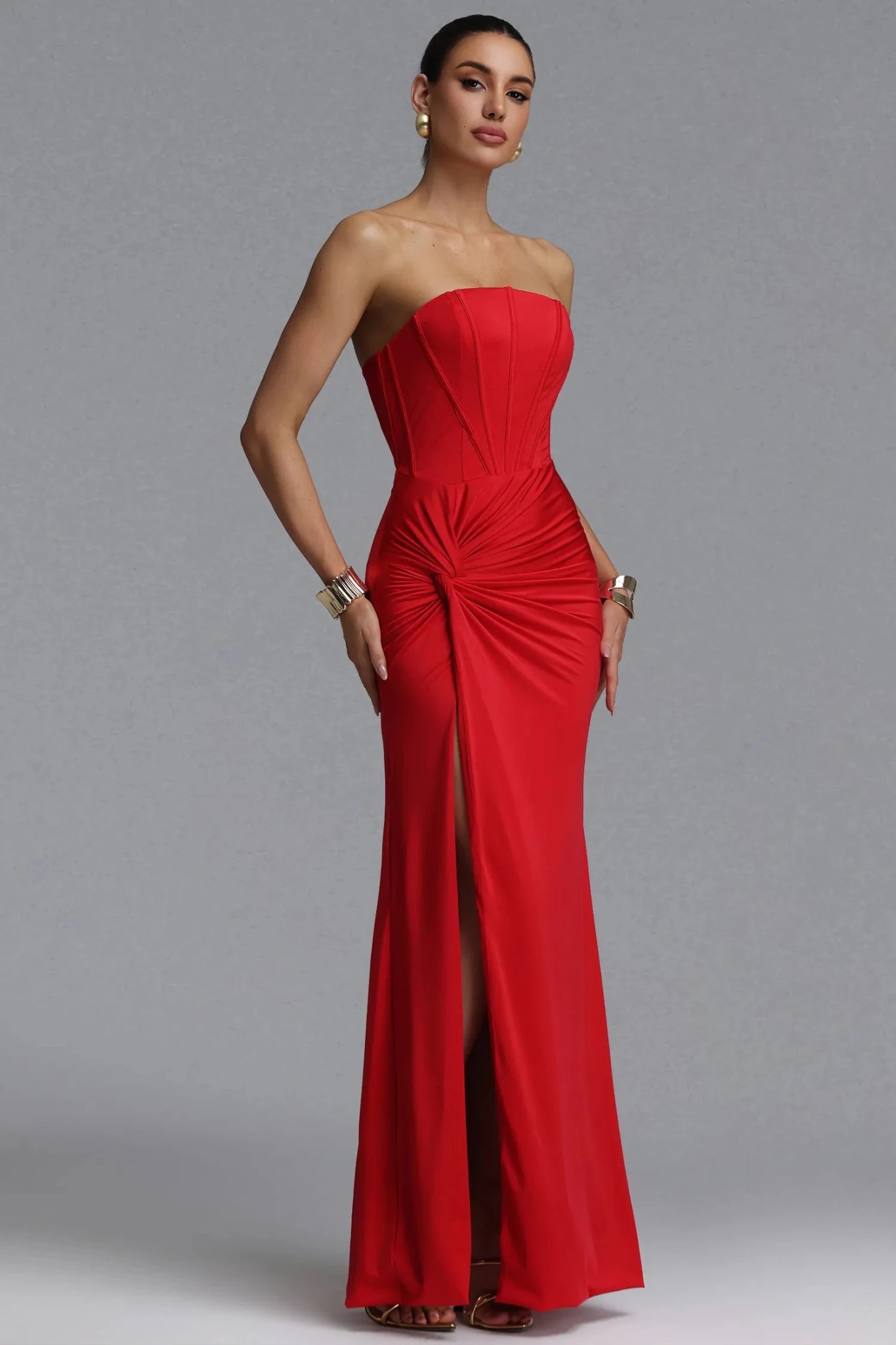 Devina Strapless Draped Maxi Dress – Red - Styled Collective