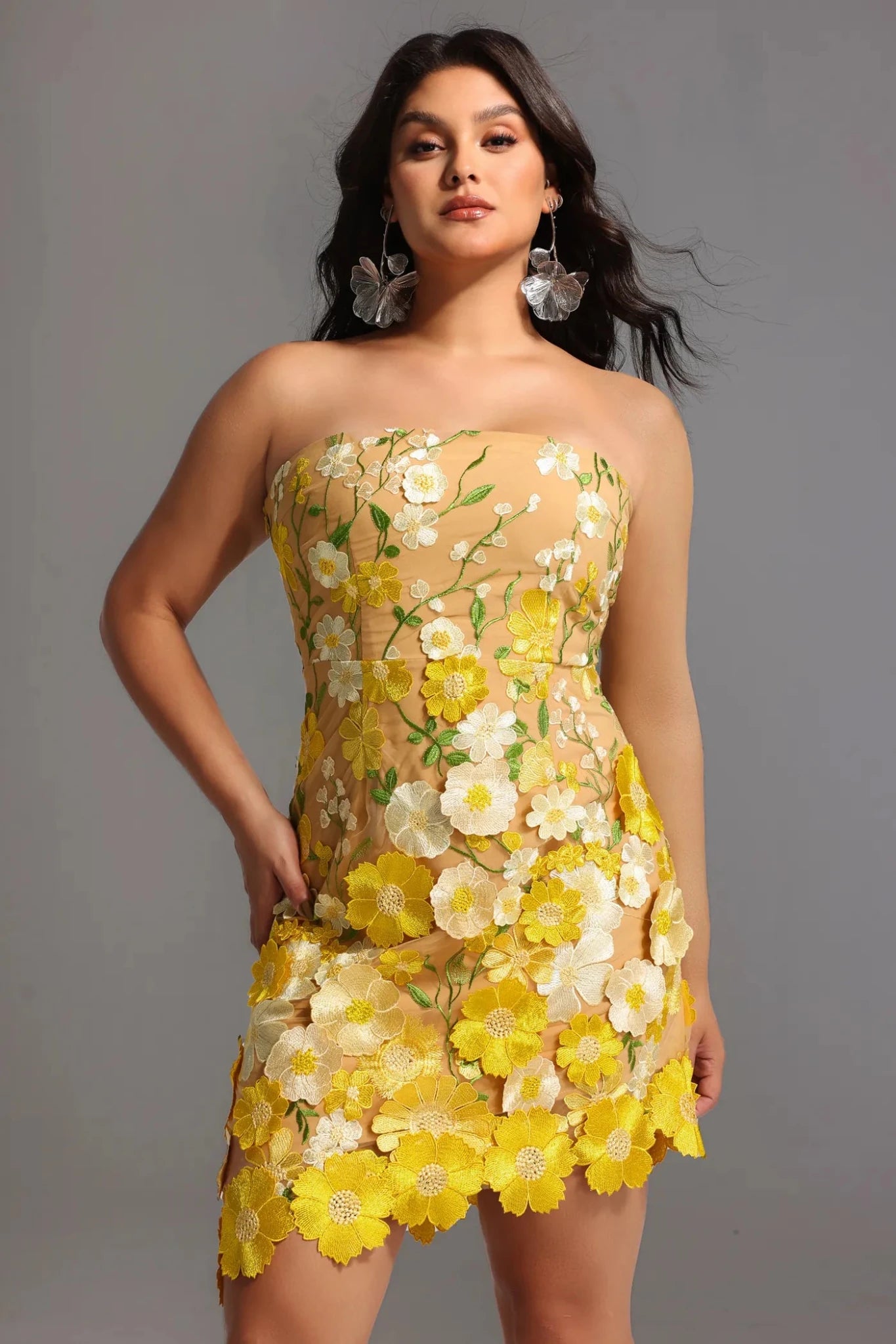 Elara – Strapless 3D Floral Mini Dress in Golden Bloom - Styled Collective