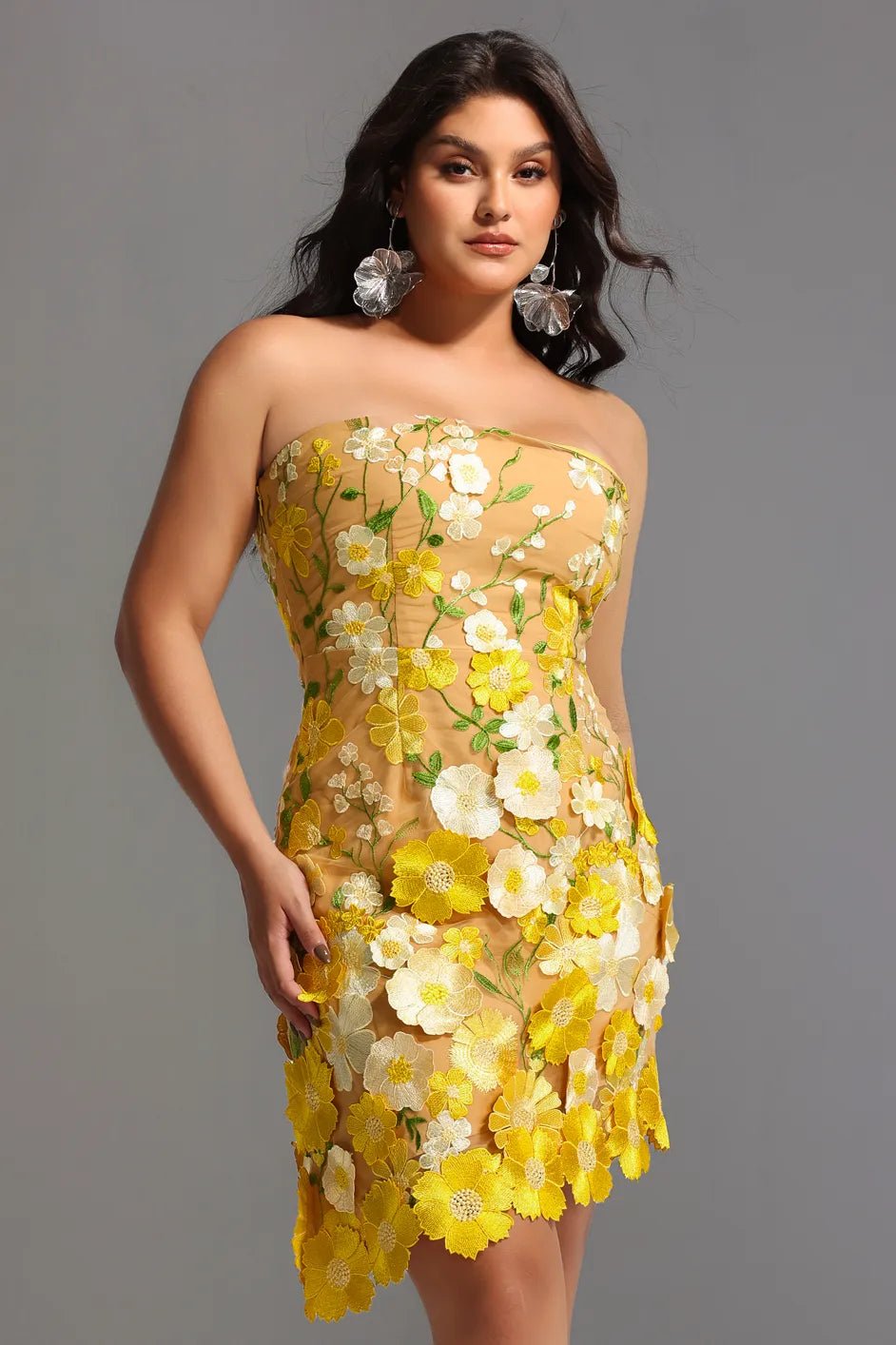 Elara – Strapless 3D Floral Mini Dress in Golden Bloom - Styled Collective