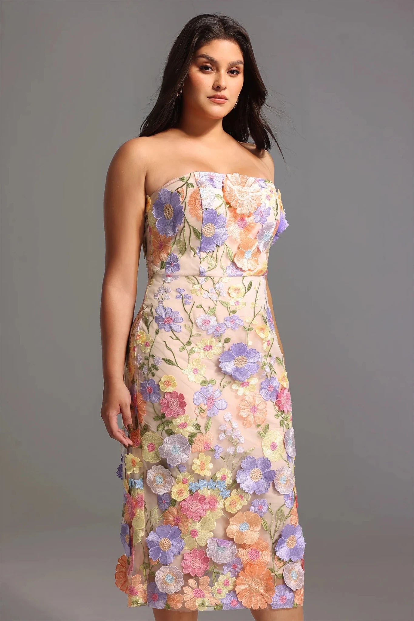 Floriana – Strapless 3D Floral Embroidered Midi in Pastel Bloom - Styled Collective