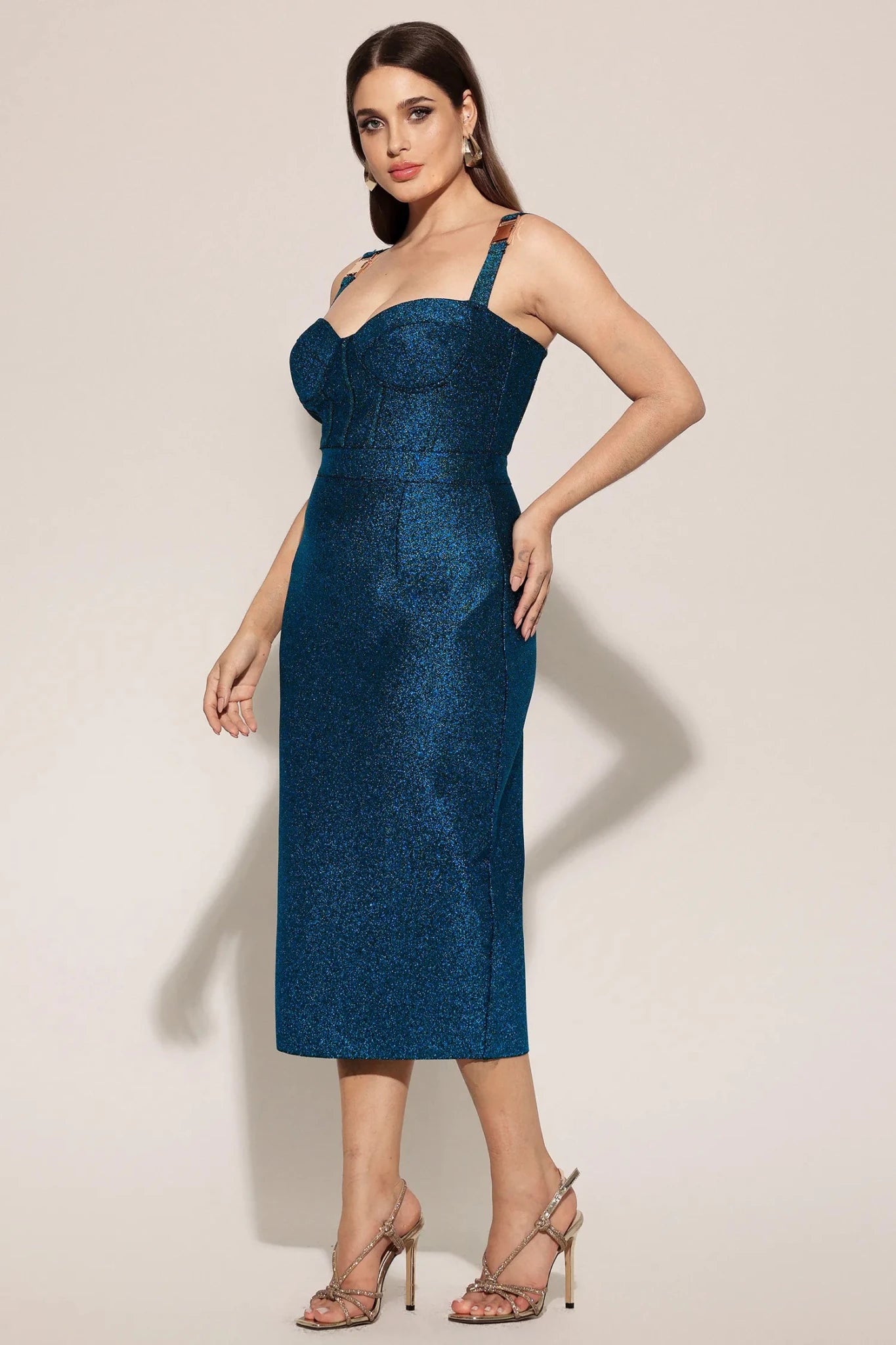 Harlowe Metallic Teal Contoured Midi Dress - Styled Collective