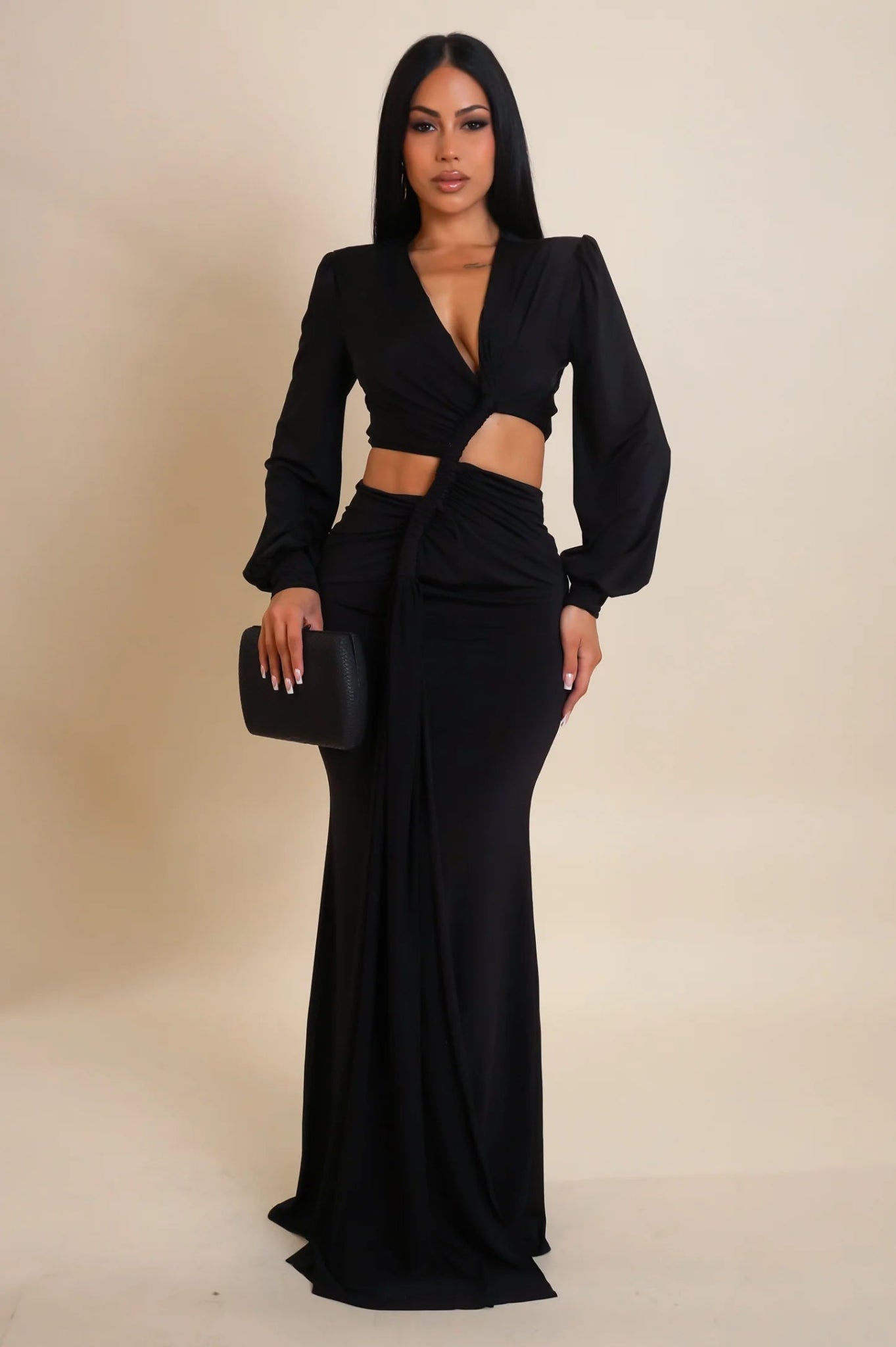 Here Again Long Sleeve Cutout Maxi Dress - Styled Collective