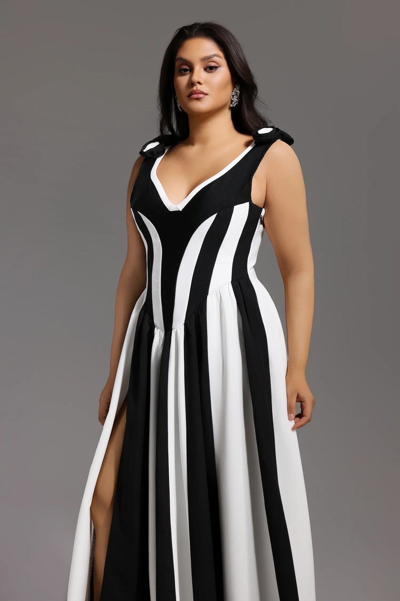 Isla – Monochrome Sculpted Split Gown in Black & White - Styled Collective