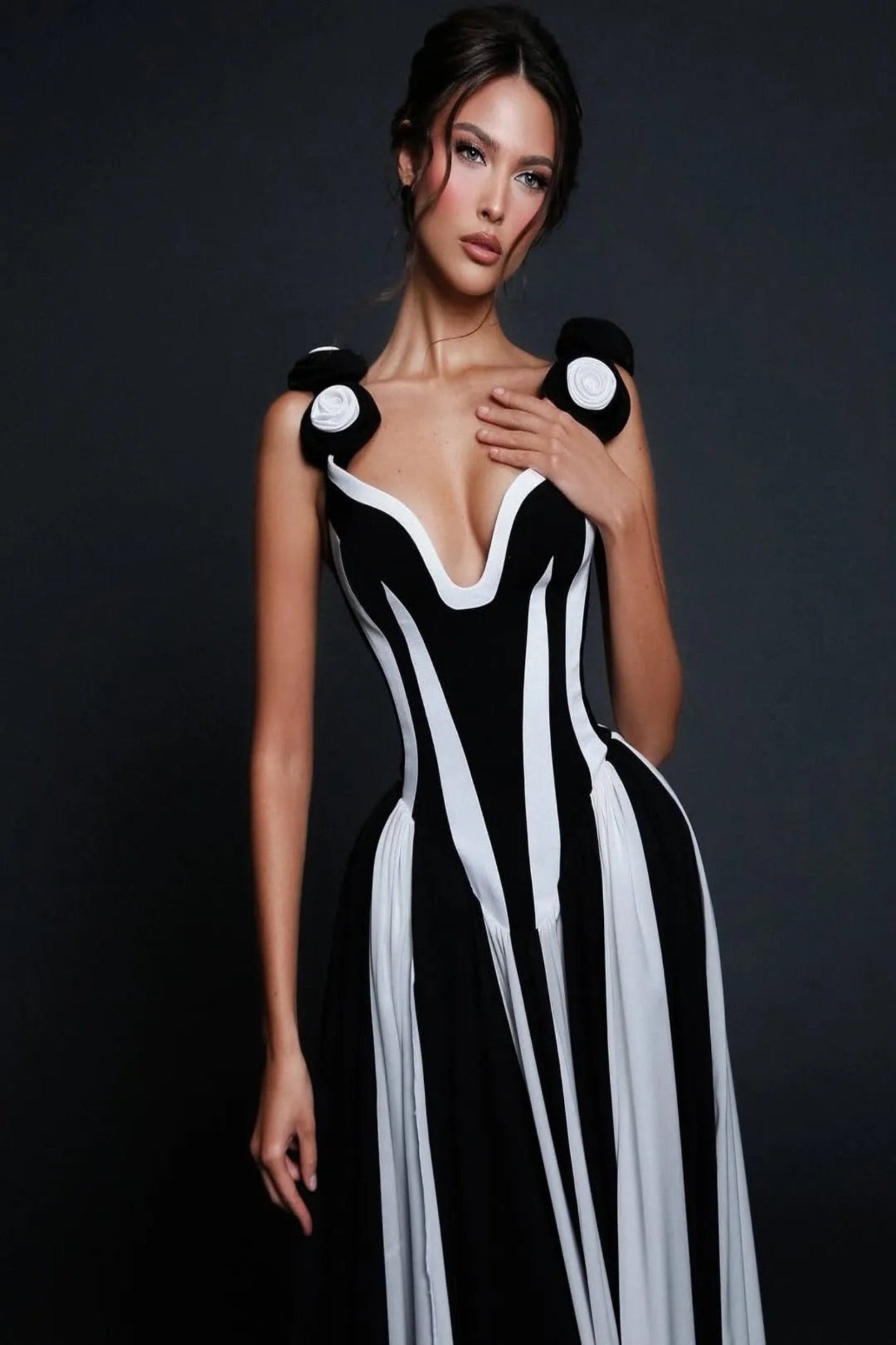 Isla – Monochrome Sculpted Split Gown in Black & White - Styled Collective