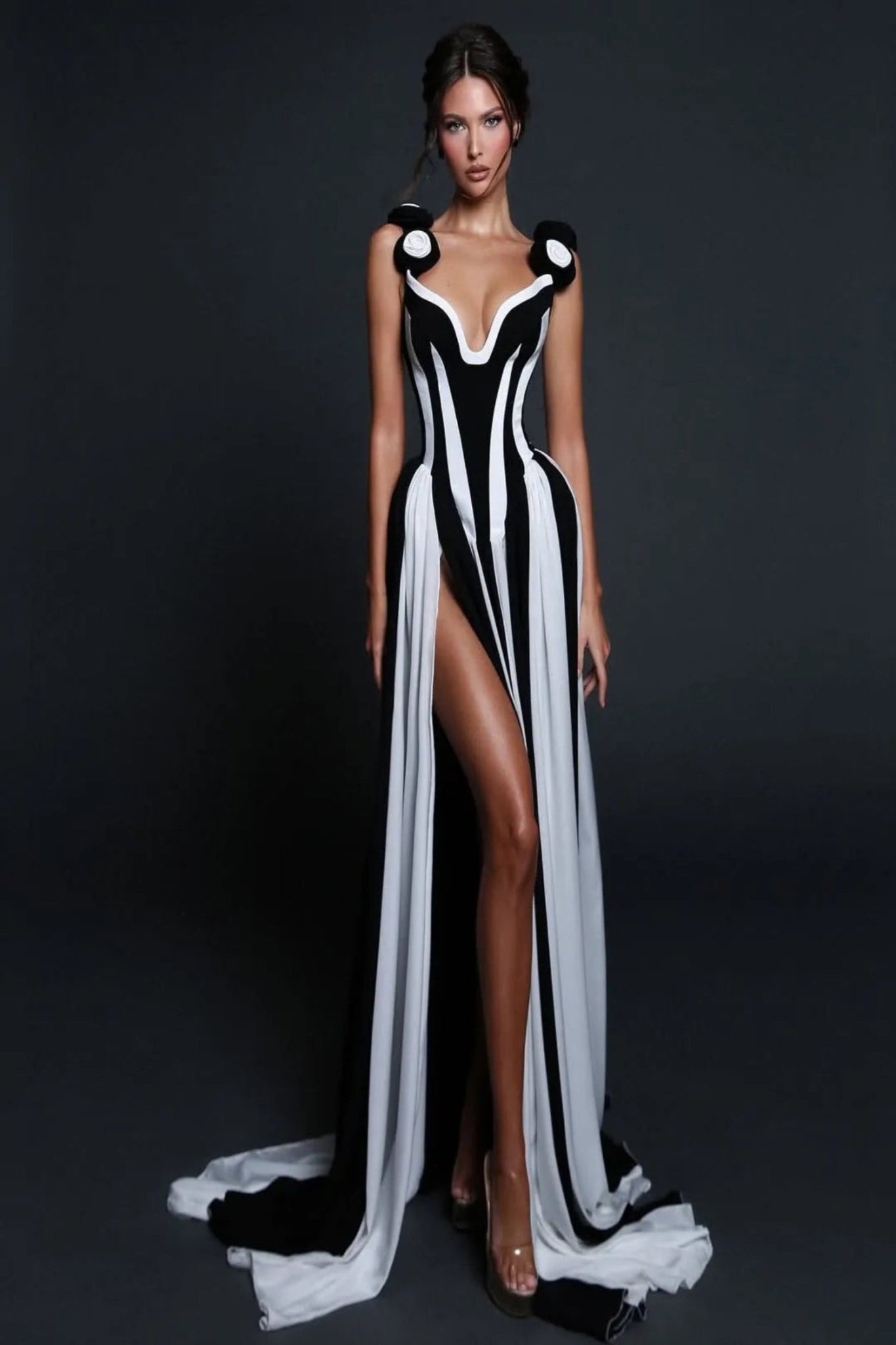 Isla – Monochrome Sculpted Split Gown in Black & White - Styled Collective