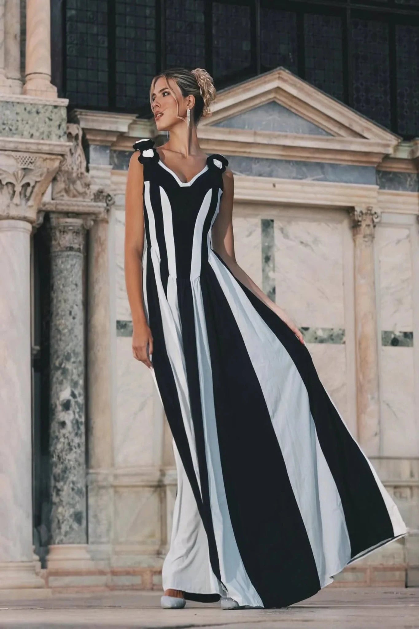 Isla – Monochrome Sculpted Split Gown in Black & White - Styled Collective