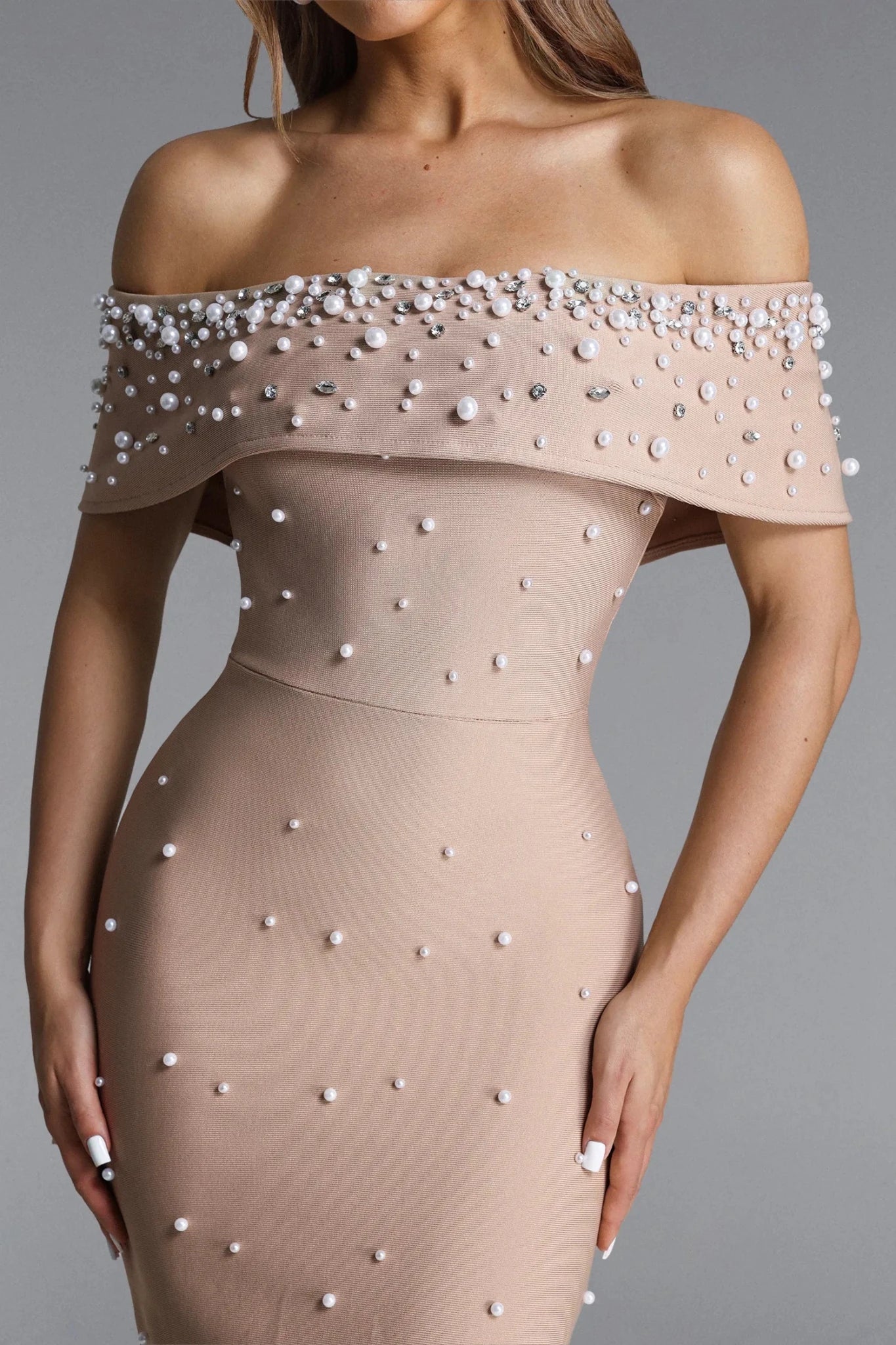 Isme Elegant Contour Off Shoulder Pearl Rhinestone Bandage Maxi Dress - Styled Collective