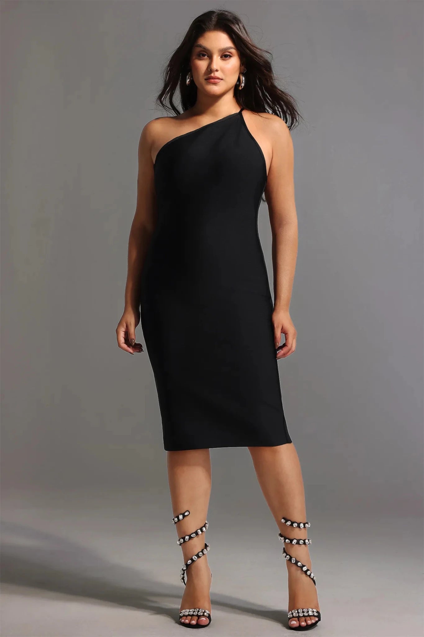 Janan One Shoulder Midi Cocktail Dress - Black - Styled Collective