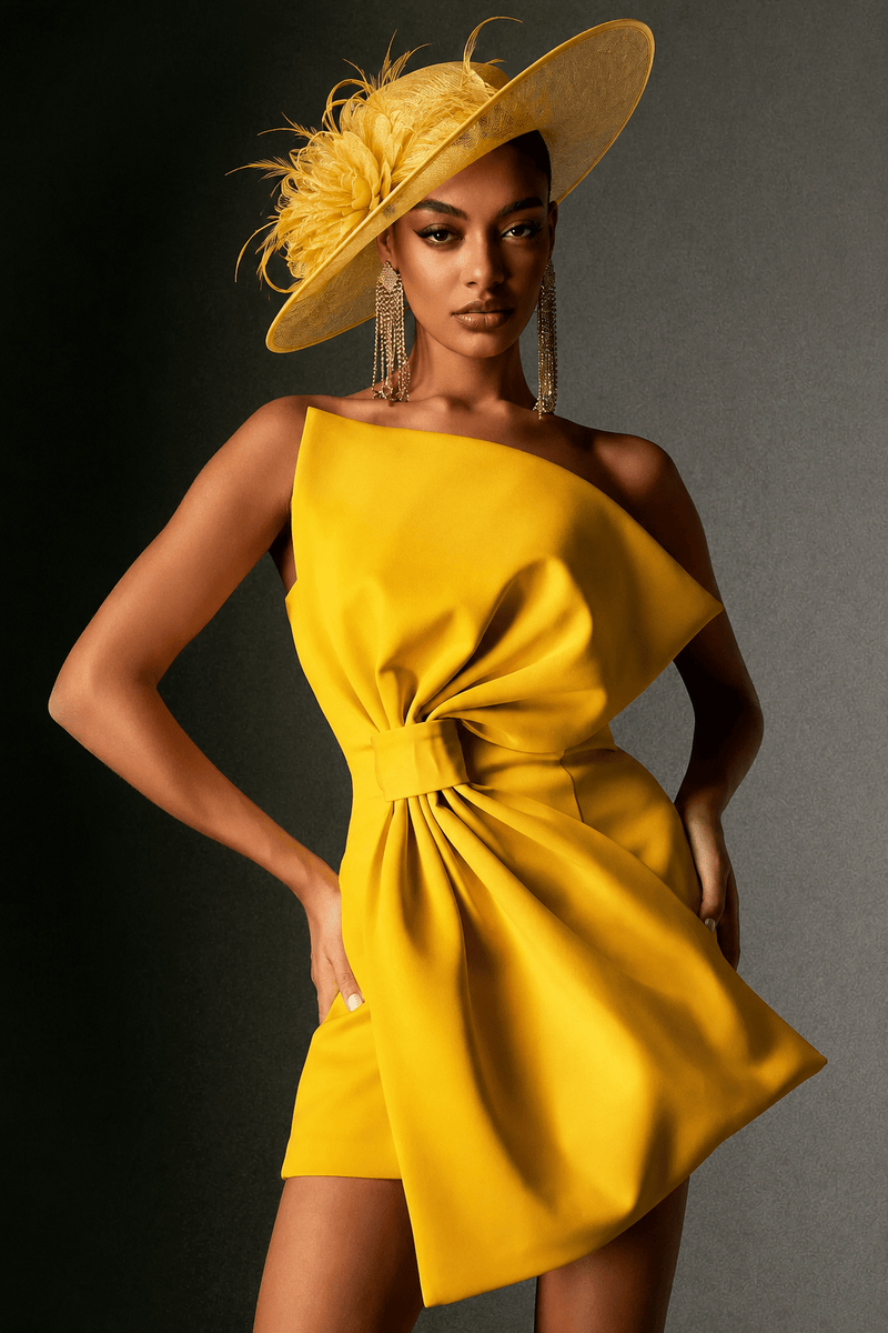 yellow mini spring dress Majrela Strapless Bow Size:USA 16 (XXXL)/48 in.(122 cm)Garment Chest STRIPE MAXI DRESS 70's Feminine ruffle cap sleeves Bridal Evening Gown