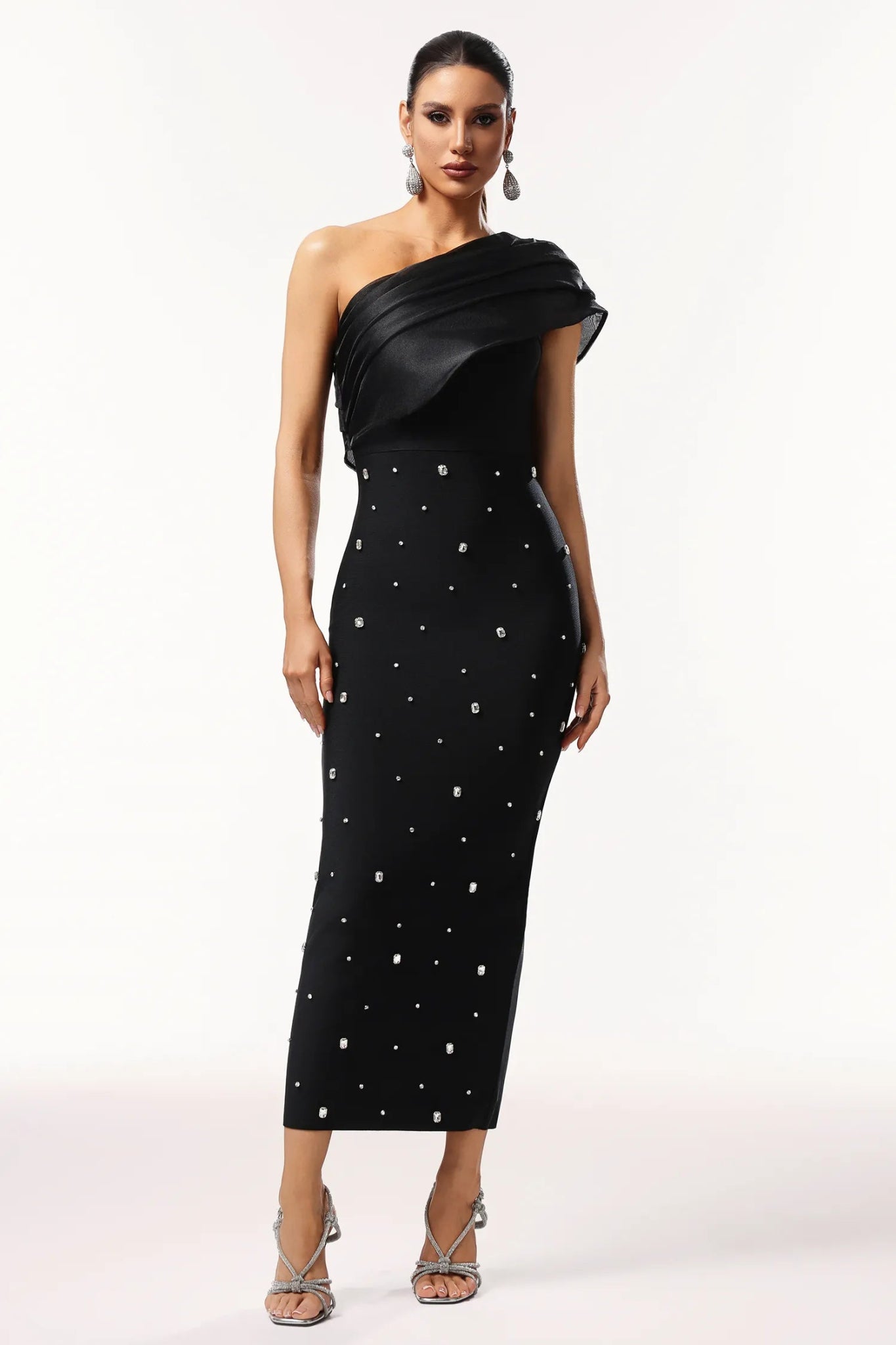 Mariah One - Shoulder Embellished Midi Dress – Black - Styled Collective