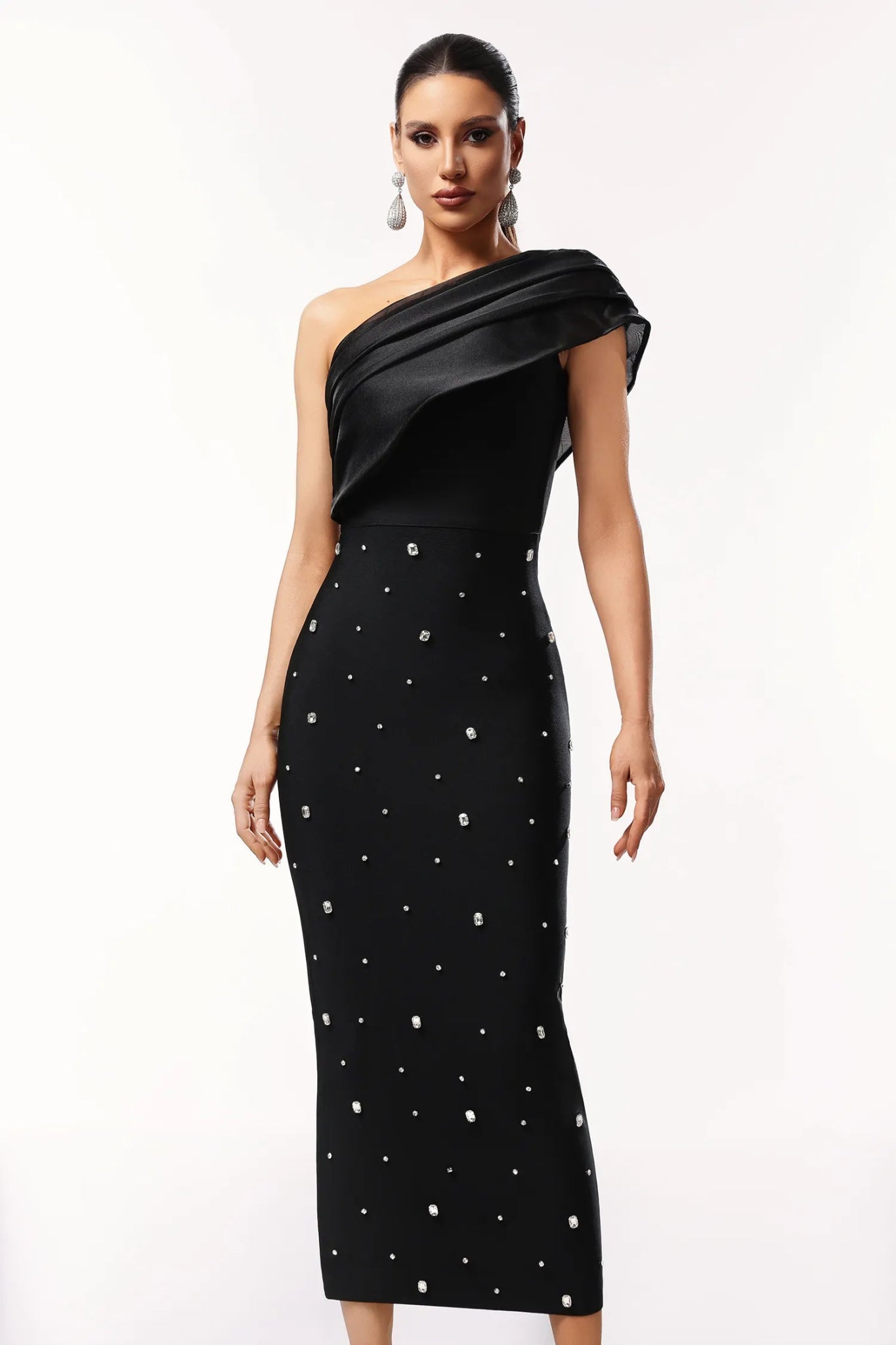 Mariah One - Shoulder Embellished Midi Dress – Black - Styled Collective