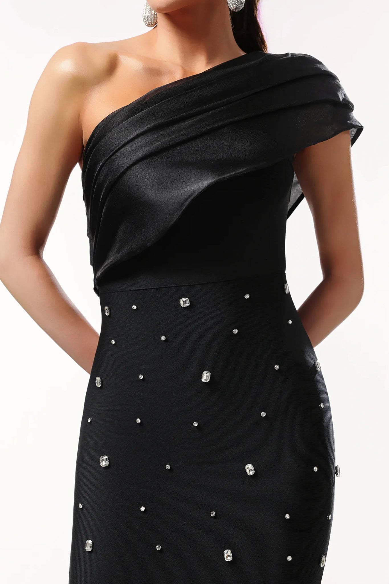 Mariah One - Shoulder Embellished Midi Dress – Black - Styled Collective