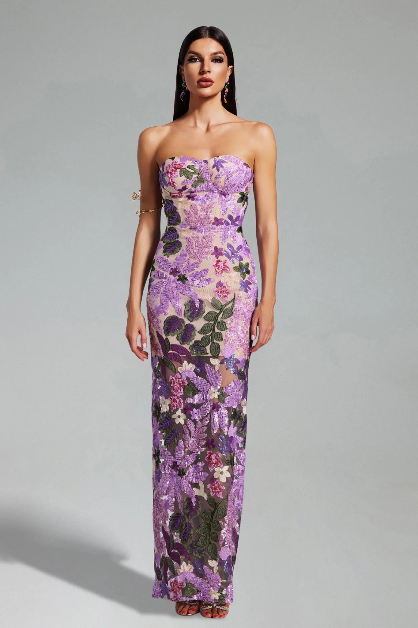 Mariposa Embellished Strapless Midi Dress – Lilac Floral - Styled Collective
