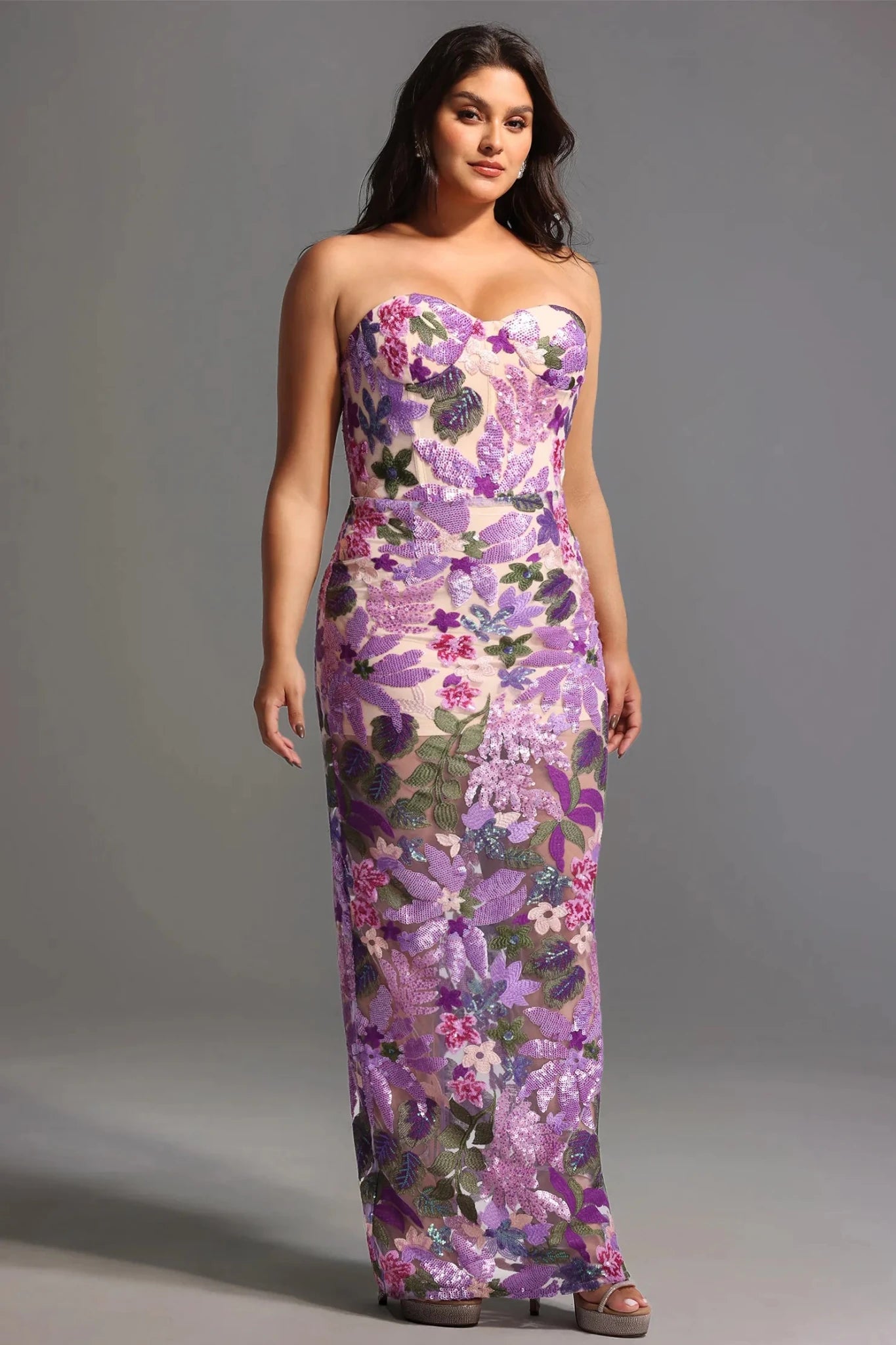Mariposa Embellished Strapless Midi Dress – Lilac Floral - Styled Collective