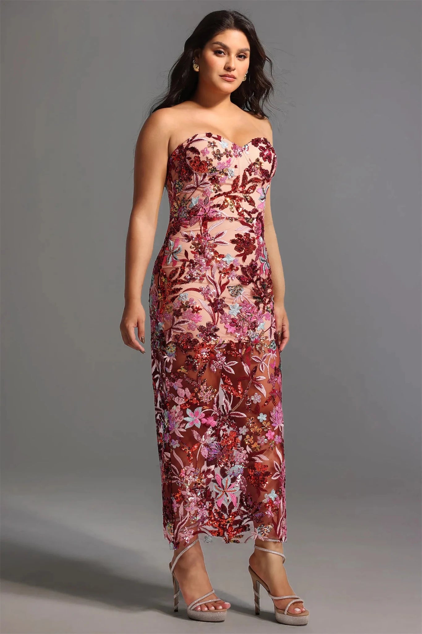 Mariposa Embellished Strapless Midi Dress – Pink Floral - Styled Collective