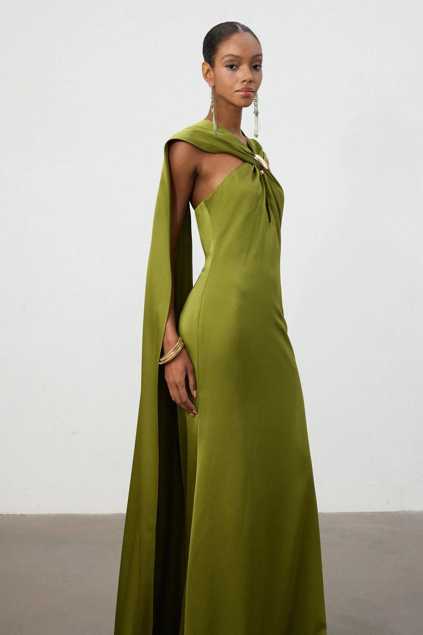 Olive Green Satin Cape Column Gown - Skye & Iris - Styled Collective