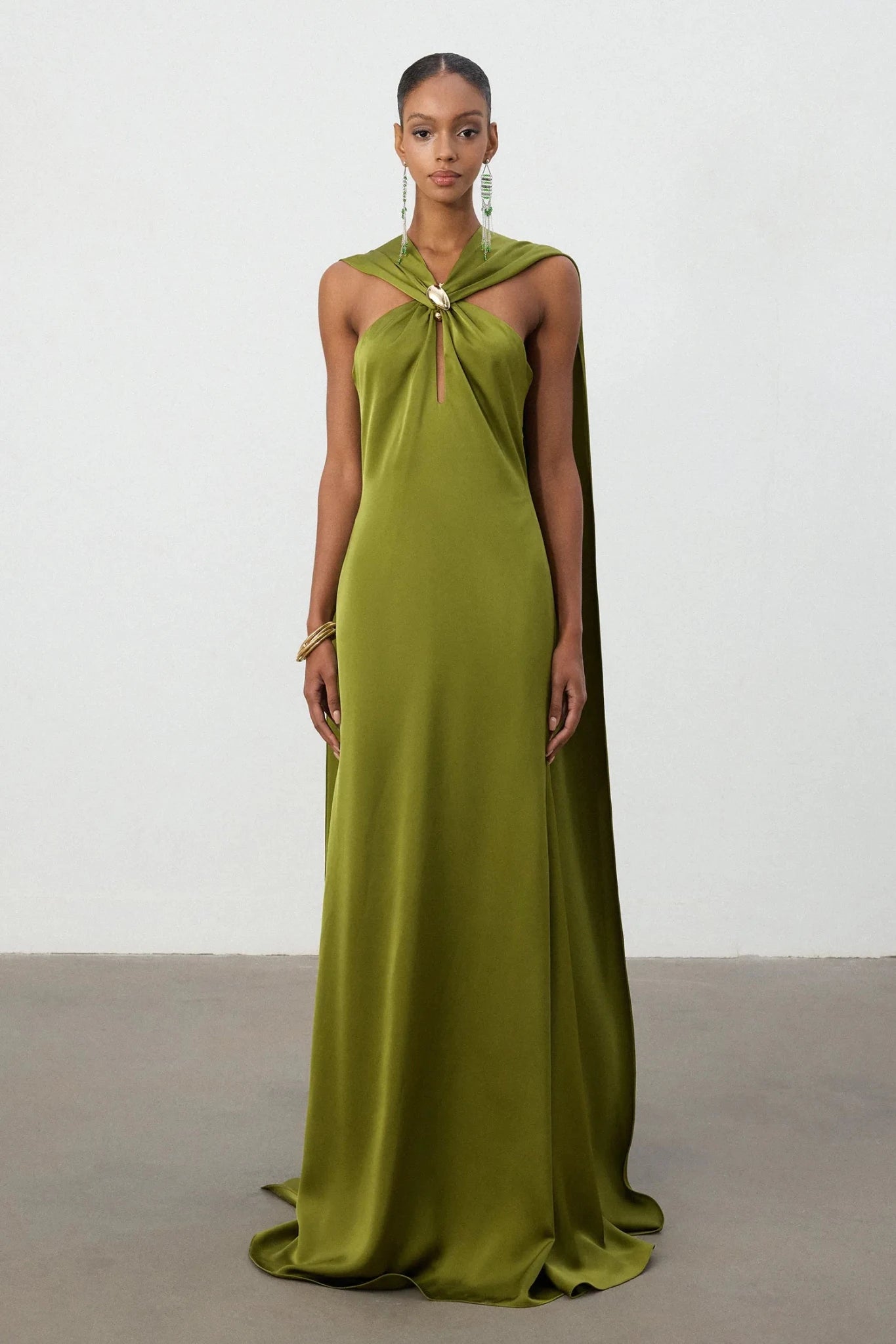 Olive Green Satin Cape Column Gown - Skye & Iris - Styled Collective