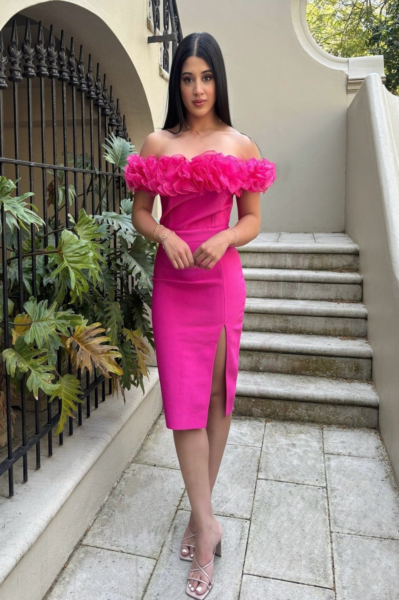 Rafaela Off The Shoulder Midi Dress with 3D Rose Detail - Styled Collective