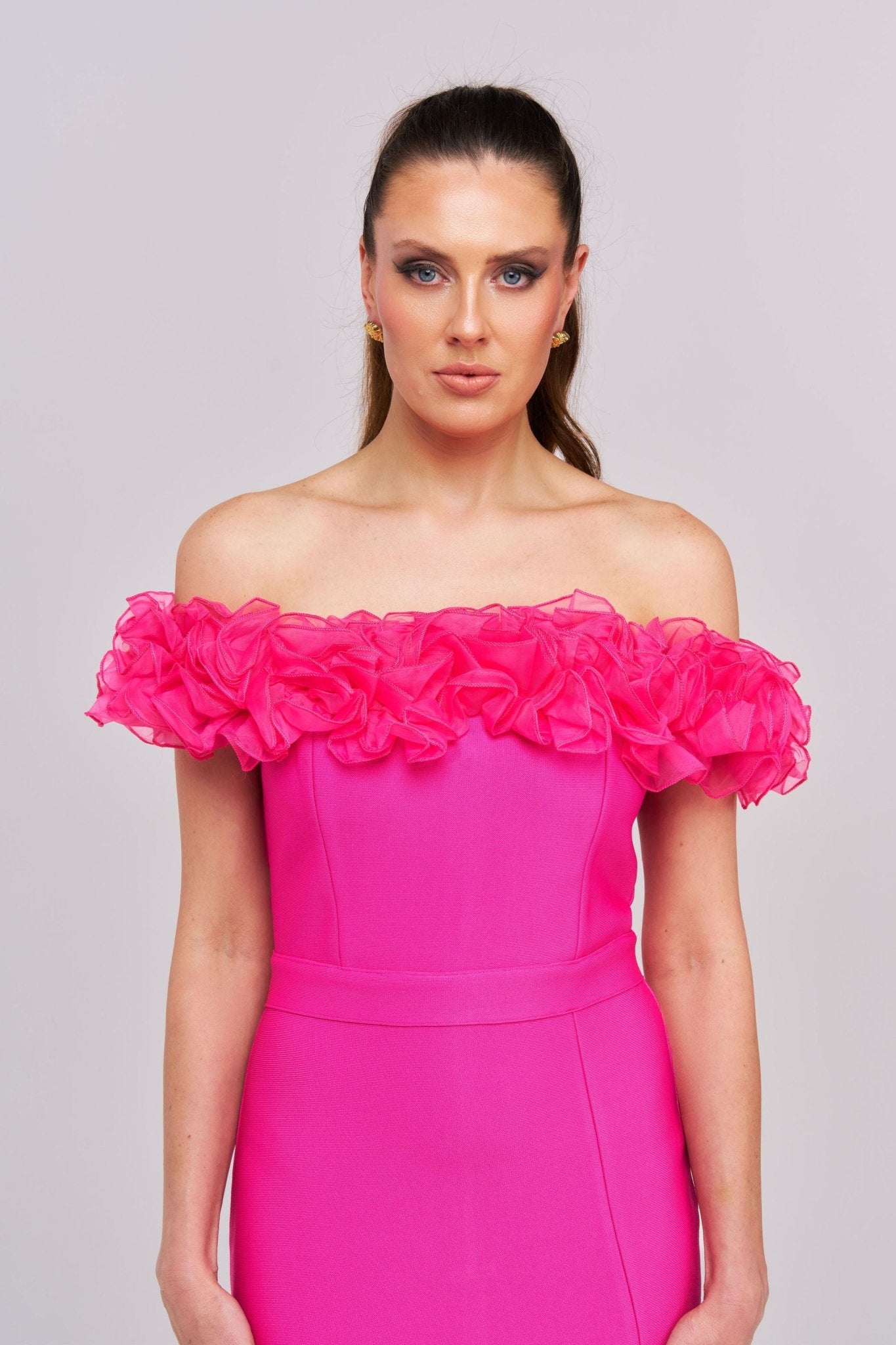 Rafaela Off The Shoulder Midi Dress with 3D Rose Detail - Styled Collective