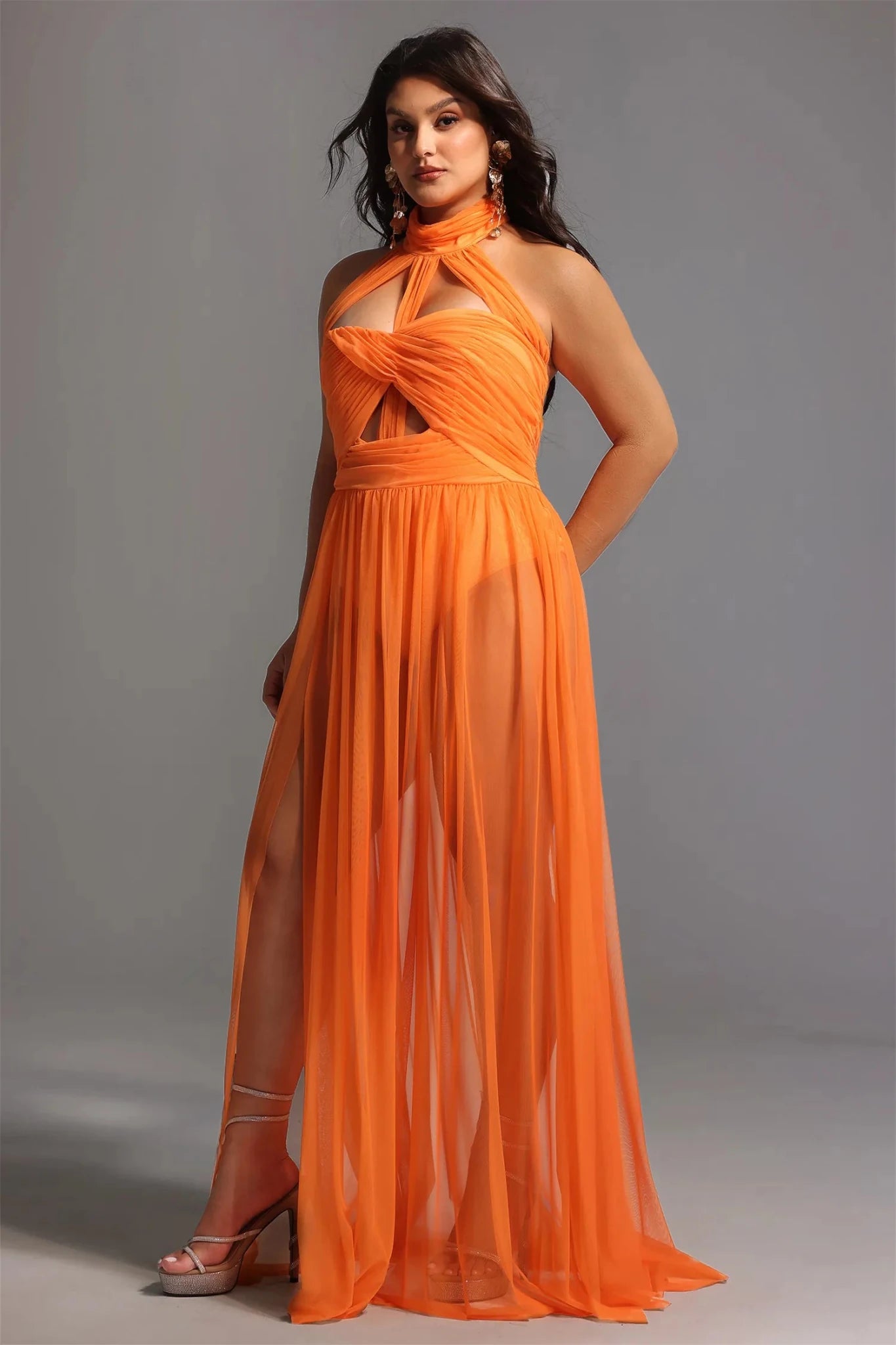 Rivka Halterneck Twist Mesh Maxi Dress - Styled Collective