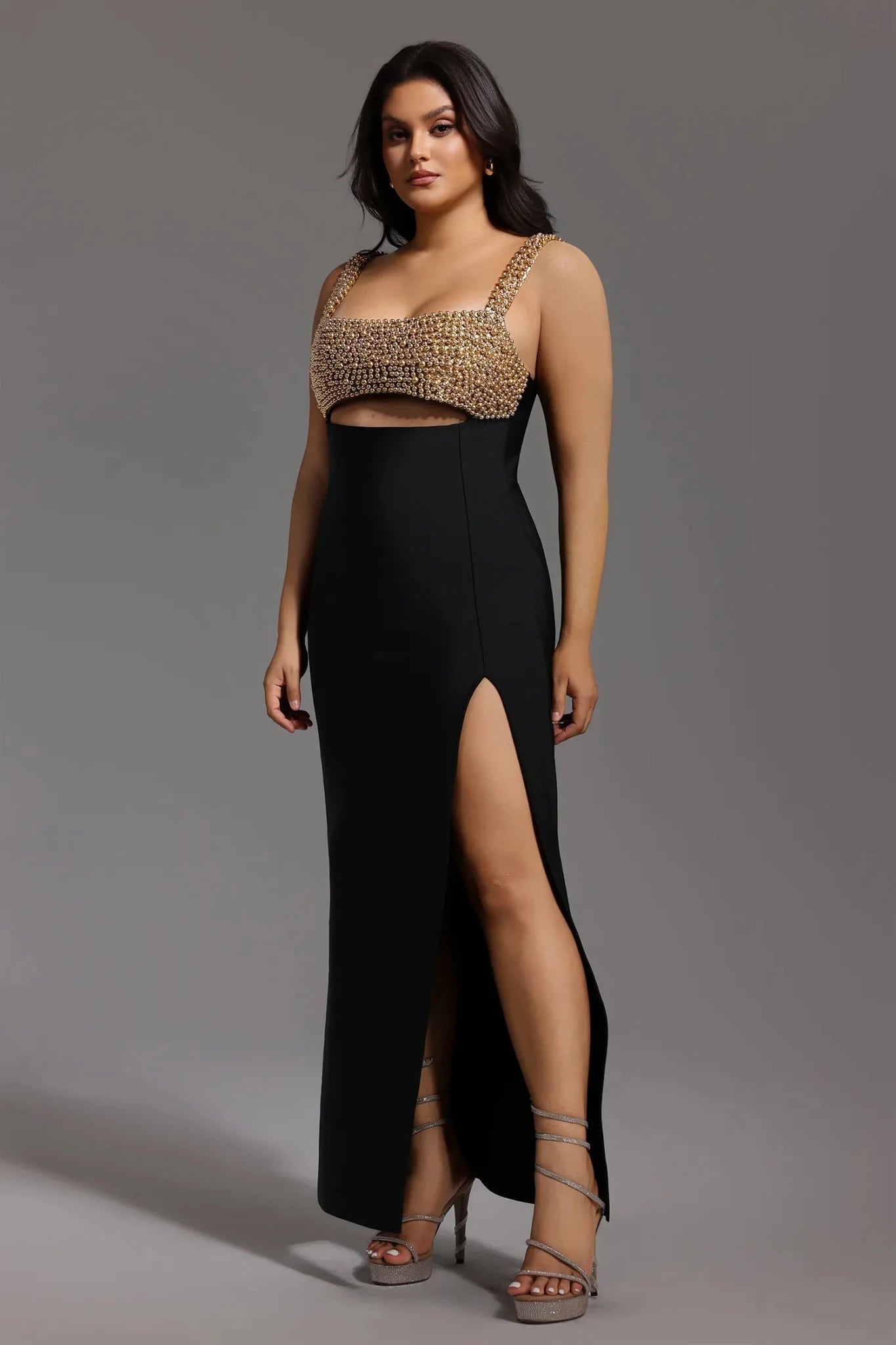 Sienna Pearl Cut - Out Gown – Gold Embellished Statement Evening Gown - Styled Collective