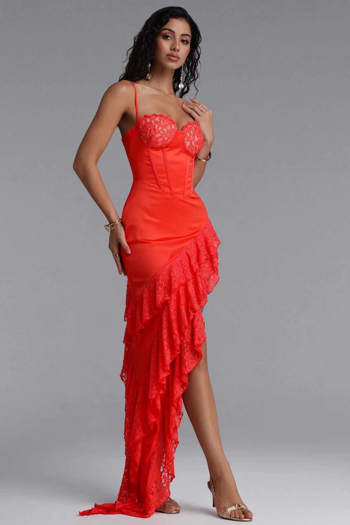 Sofía Red Lace Cascade Dress | Spring Racing & Cocktail Dress - Styled Collective