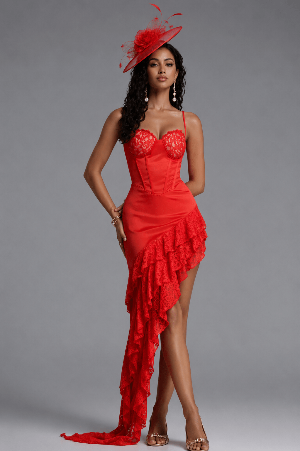 Sofía Red Lace Cascade Dress | Spring Racing & Cocktail Dress - Styled Collective