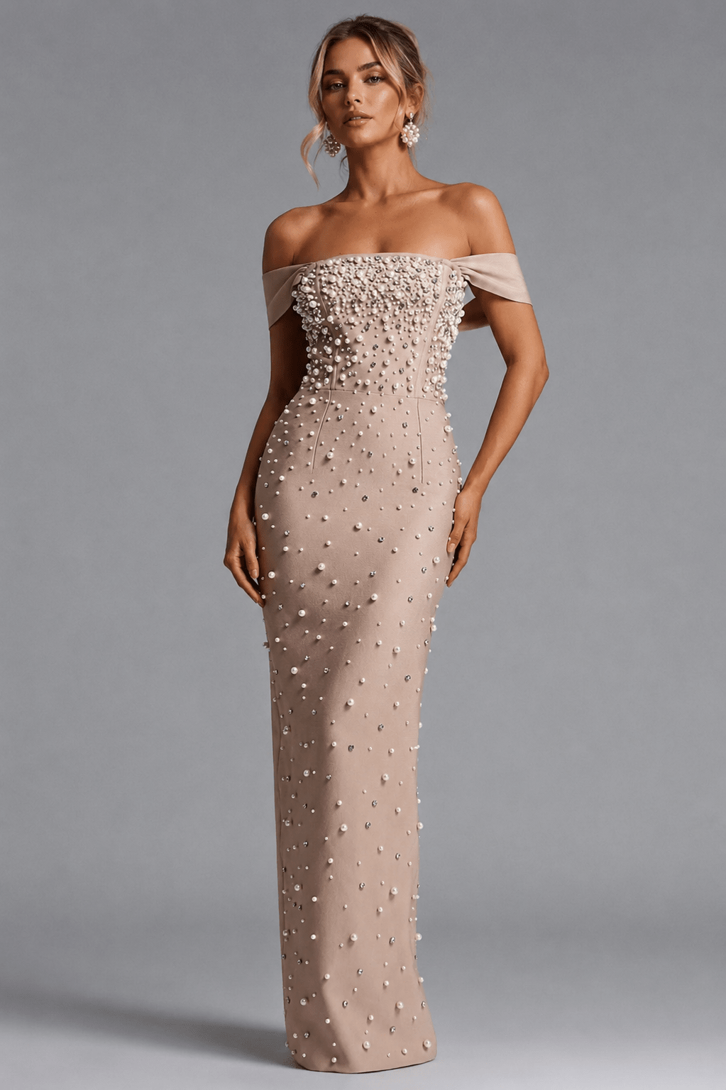 The Romelle Pearl Gown – Pearl Embellished Off Shoulder Evening Dress | Styled Collective - Styled Collective