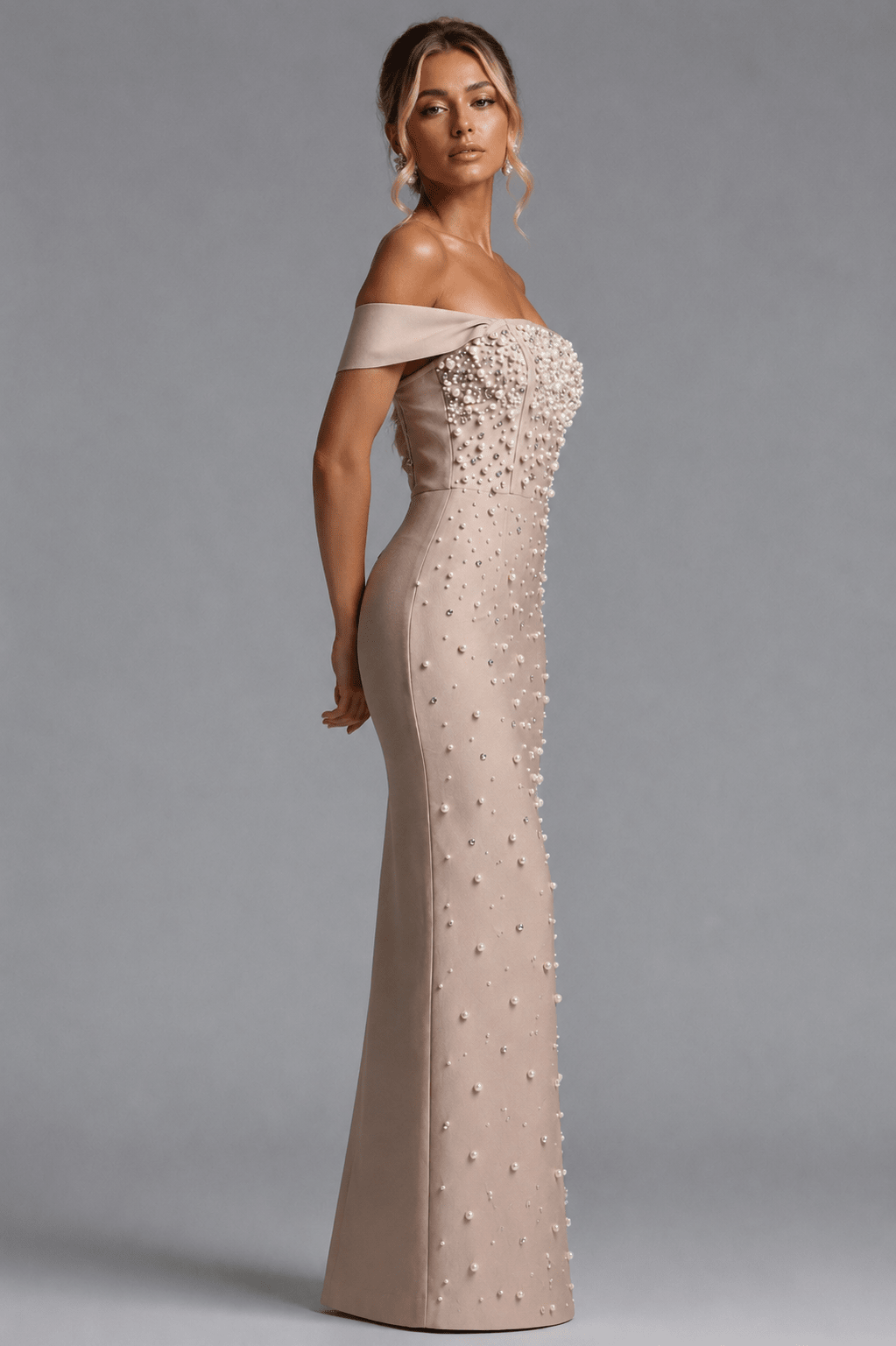 The Romelle Pearl Gown – Pearl Embellished Off Shoulder Evening Dress | Styled Collective - Styled Collective