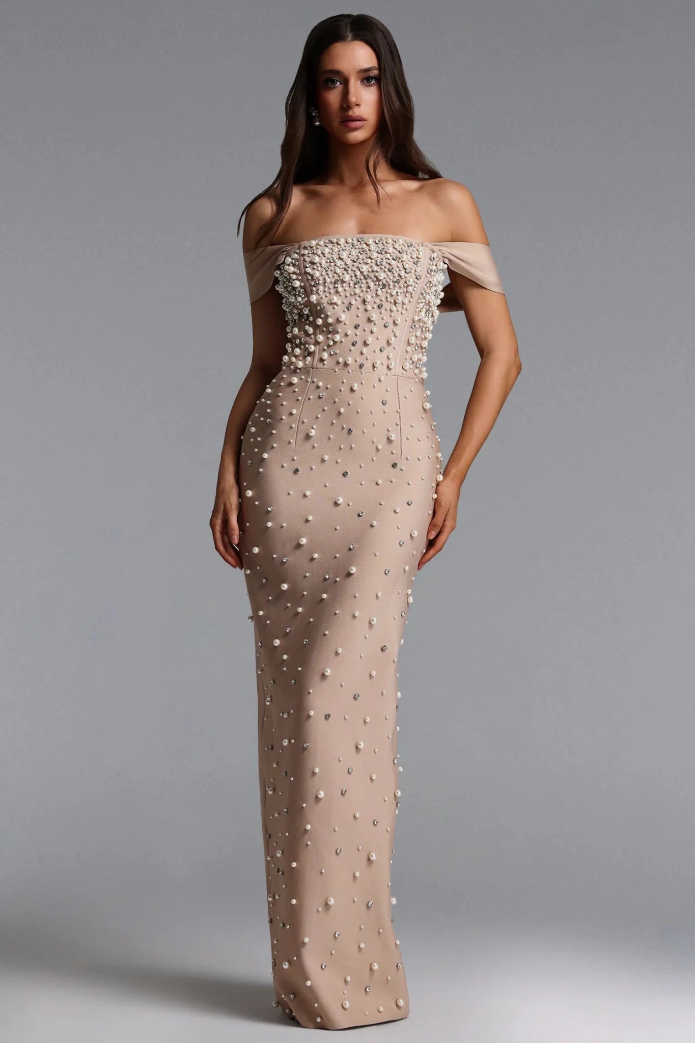 The Romelle Pearl Gown – Pearl Embellished Off Shoulder Evening Dress | Styled Collective - Styled Collective