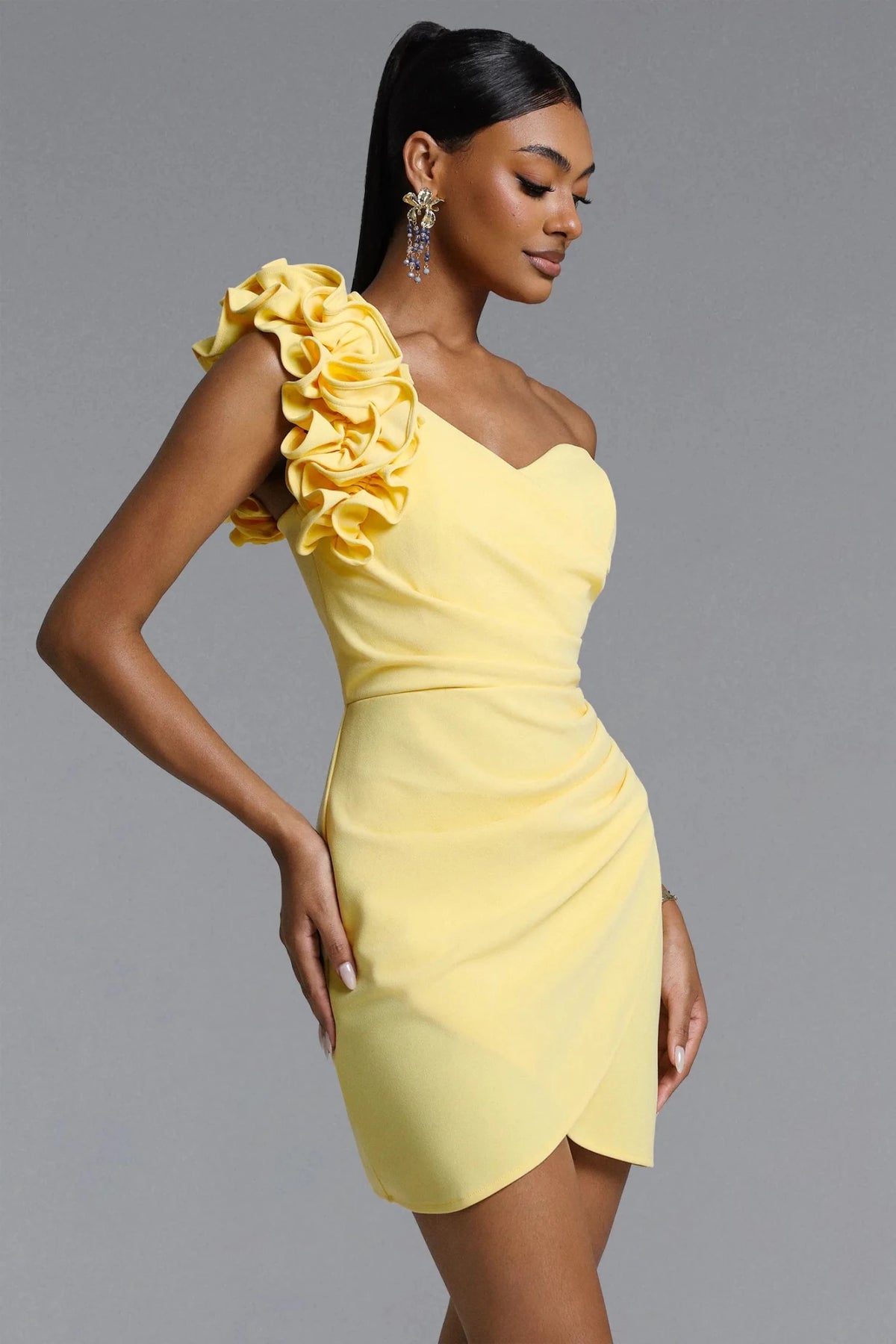 Vivienne Yellow One Shoulder Mini Dress | Spring Racing Dress - Styled Collective