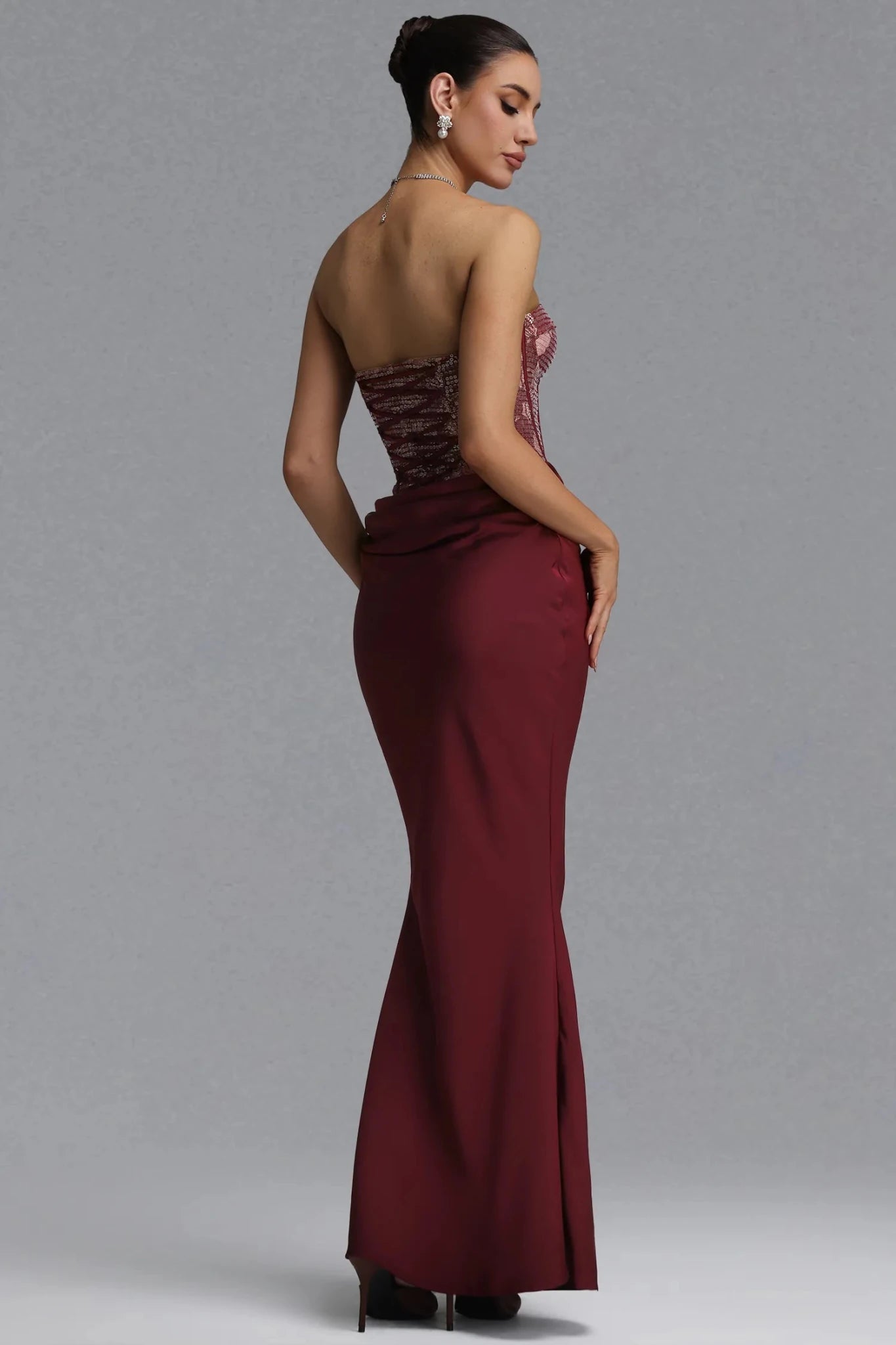 Wren Strapless Sequin Corset Maxi Dress - Burgundy - Styled Collective