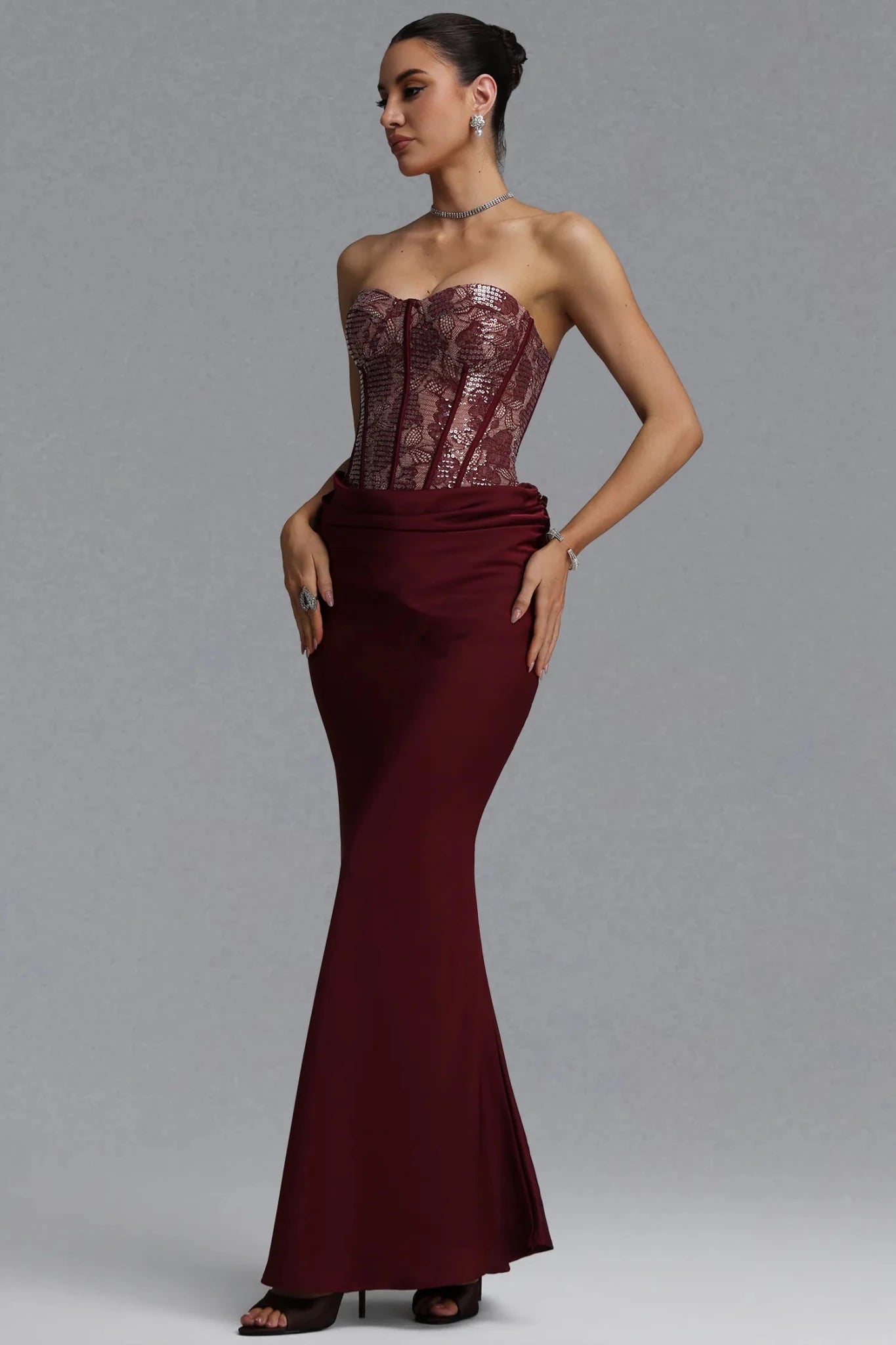 Wren Strapless Sequin Corset Maxi Dress - Burgundy - Styled Collective