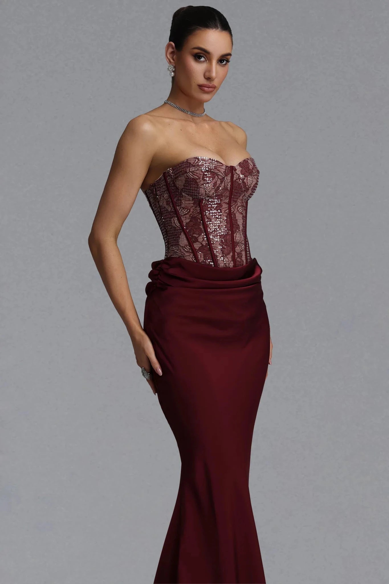 Wren Strapless Sequin Corset Maxi Dress - Burgundy - Styled Collective