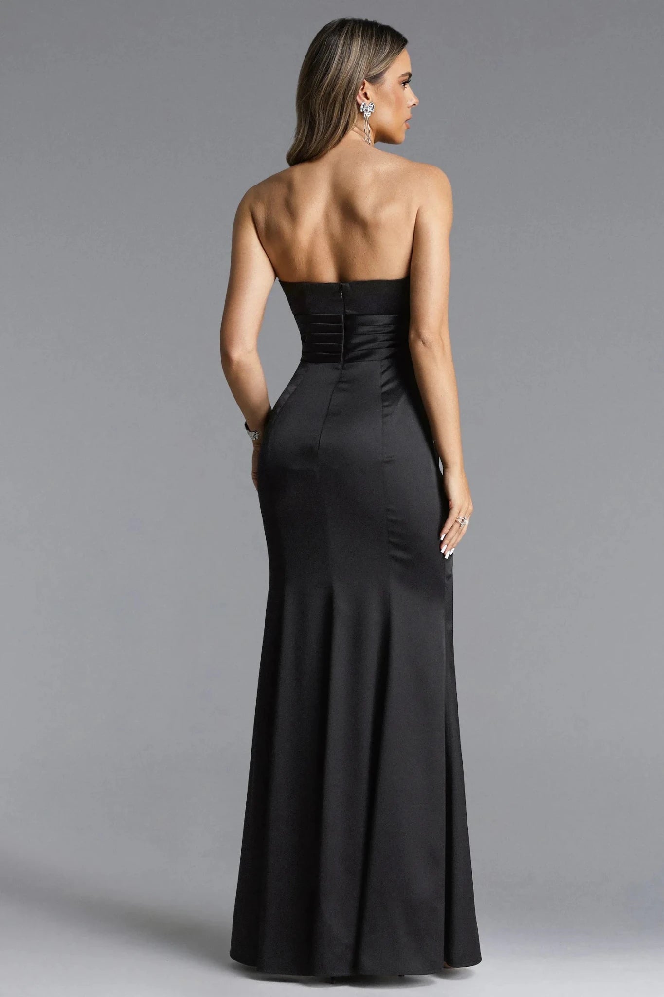 Yasmin Strapless Satin Ruffle Maxi Dress – Black - Styled Collective