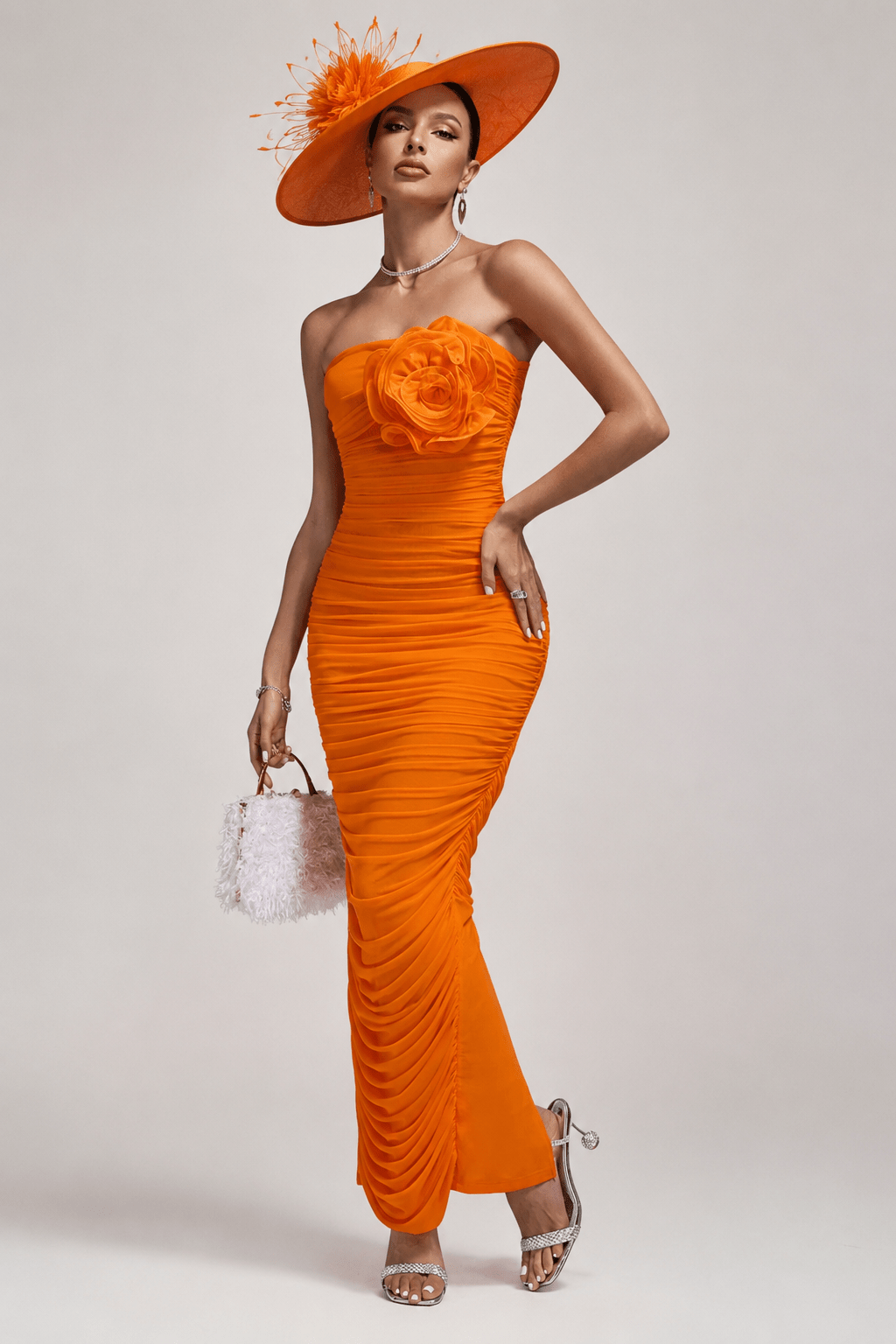 Zendra Orange Strapless Ruched Maxi Dress with 3D Floral Detail | Spring Racing Dress - Styled Collective
